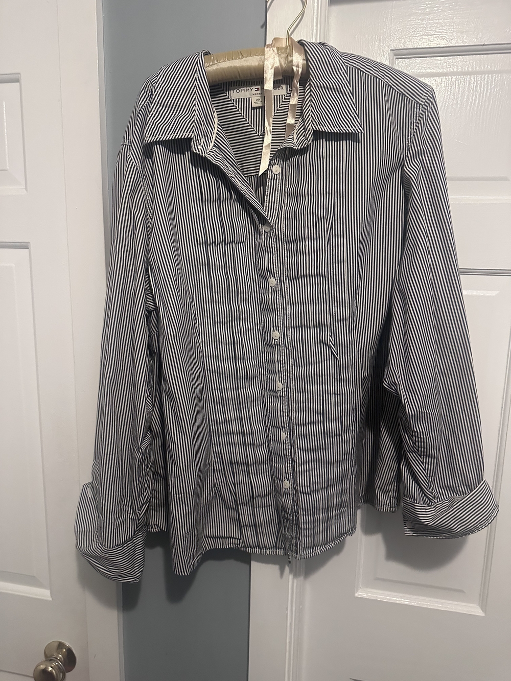 Tommy Hilfiger Women’s Navy and White Vertical Stripe Dress Shirt - 20W